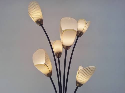 1960`s floor lamp by `Lustrerie Massive`, tulip glass flowers, brass & iron, Belgian